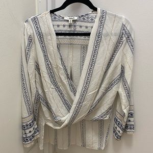 Peasant style Boho long sleeve blouse criss cross v neck with bell sleeves